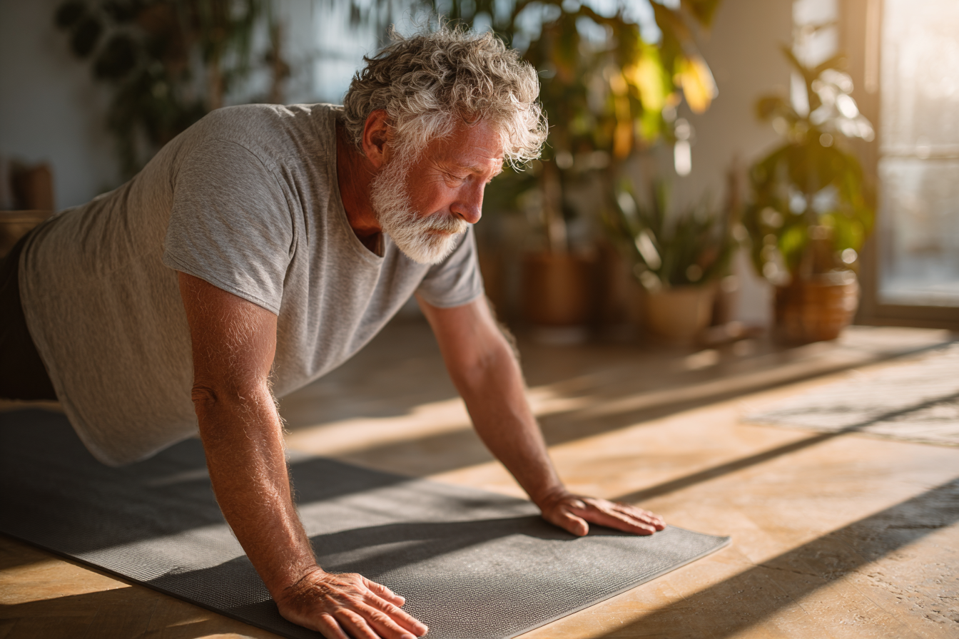 Група людей зрілого віку практикує йогу